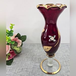 Vintage Ruby Glass Gilded Footed Vase Hand Painted Enamel 9.5" Made In Italy?